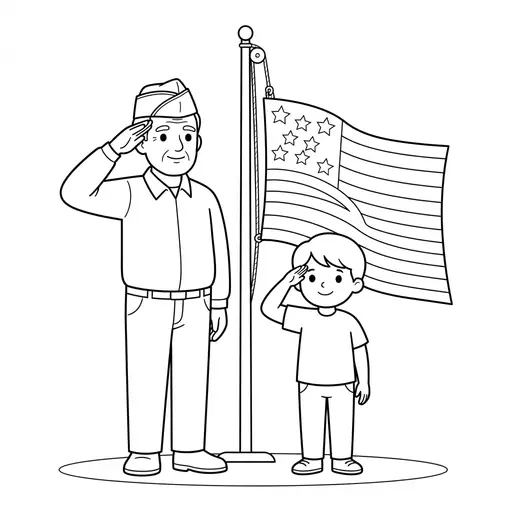 Veterans Day Coloring Page — Grandfather and Grandchild Saluting Flag