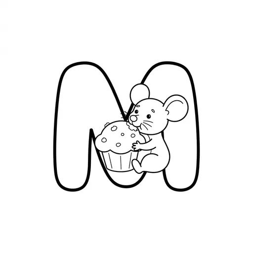 Alphabet Coloring Page — Eating a Muffin Beside Letter M