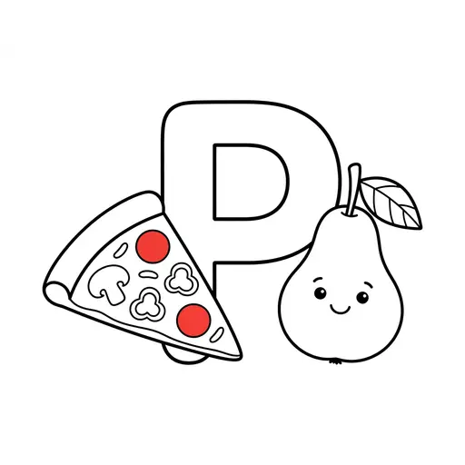 Alphabet Coloring Page — With Pizza Slice and Cute Pear