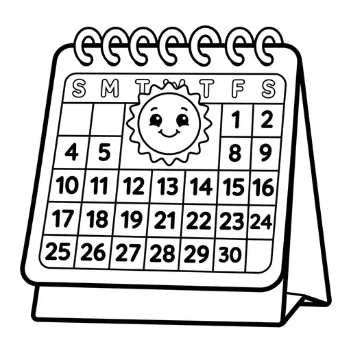 Easy Calendar Coloring Page — With a Smiling Sun and Rings