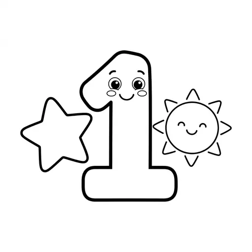 Easy Number Coloring Page — Cute Smiling Face with Star and Sun