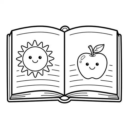 Easy School Book Coloring Page — Open with Smiling Sun and Apple