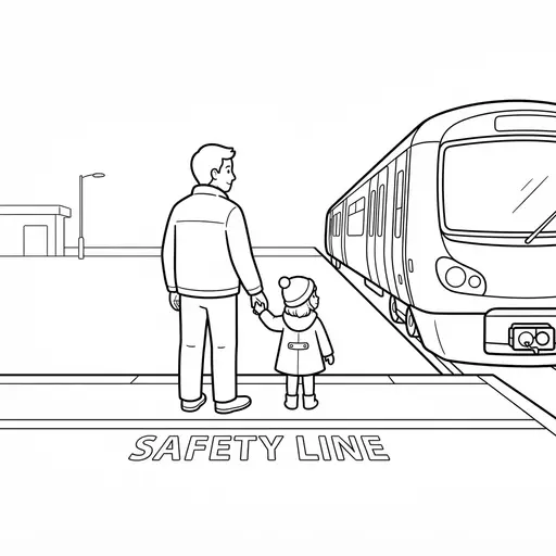 Train Coloring Page — Waiting at Station Platform Behind Safety Line