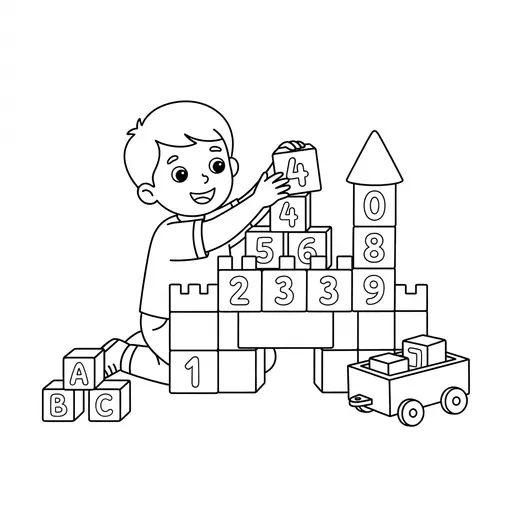 Number Block Coloring Page — Child Constructing A Number Block Castle