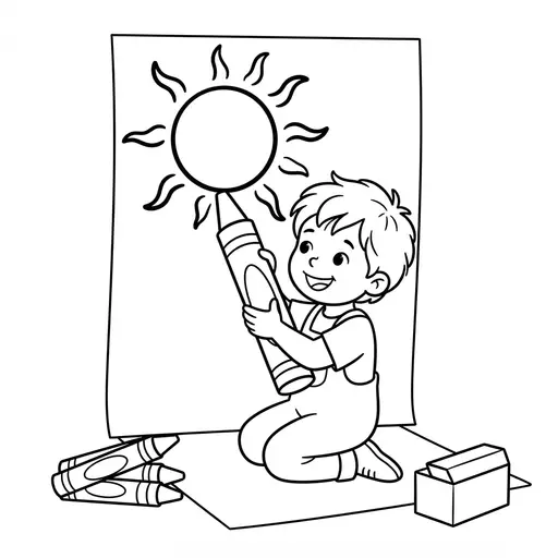Crayon Coloring Page — Drawing a Sun With Giant Crayon
