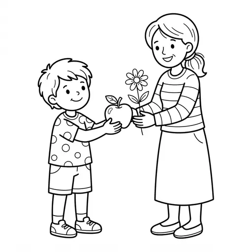 Teacher Coloring Page — Receiving an Apple and Flower