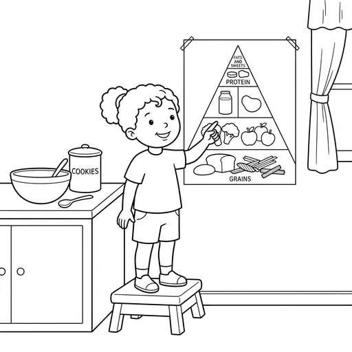 Food Pyramid Coloring Page — Pointing at a Food Pyramid