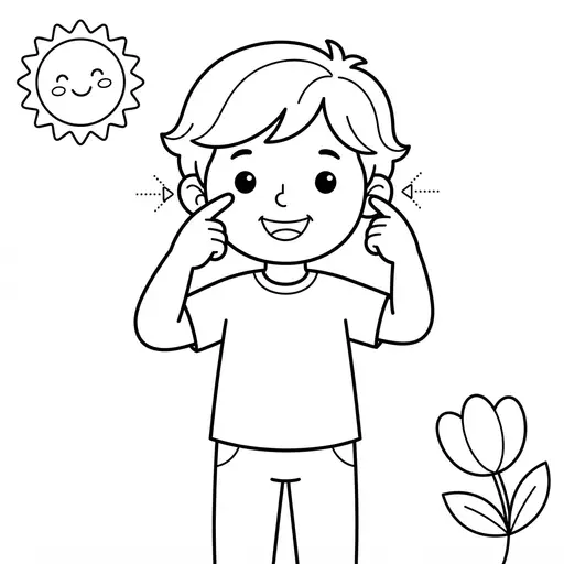 Human Body Coloring Page — Pointing to Ears With Smiling Sun