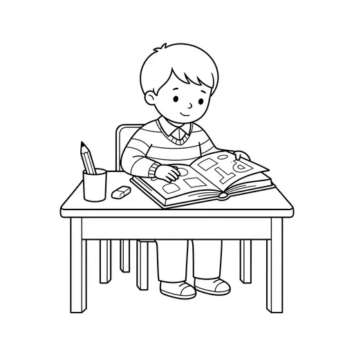 School Book Coloring Page — Reading a Book at Desk