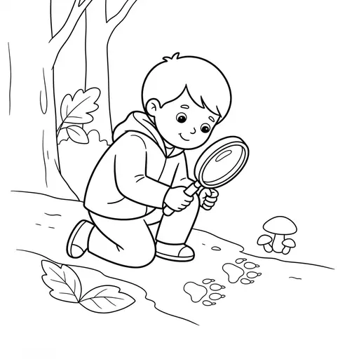 Animal Track Coloring Page — Examining Animal Tracks with a Magnifying Glass