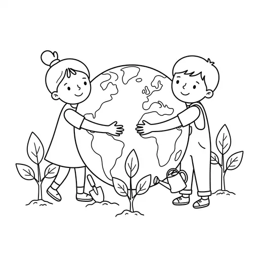 Earth Coloring Page — Hugging The Globe With Plants