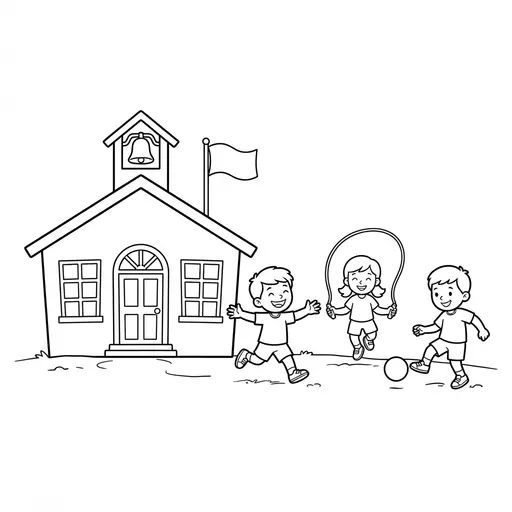 Schoolhouse Coloring Page — Playing Outside with Friends