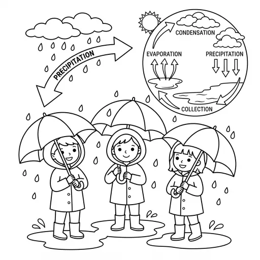 Water Cycle Coloring Page — Children with Umbrellas and Diagrams