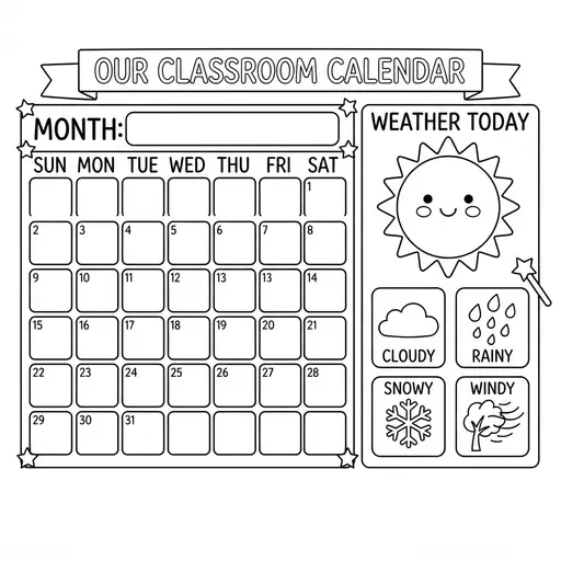 Calendar Coloring Page — Classroom Calendar with Weather Chart