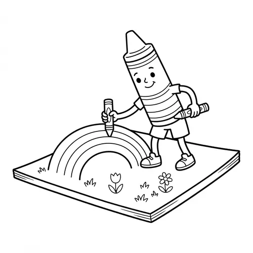 Crayon Coloring Page — Character Drawing a Rainbow on Paper