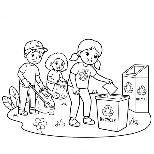 Earth Coloring Page — Kids Cleaning Up Litter
