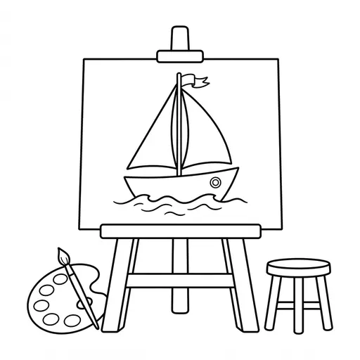 Easel Coloring Page — Canvas with Sailboat and Palette