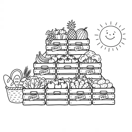 Food Pyramid Coloring Page — Stacked Crates of Produce