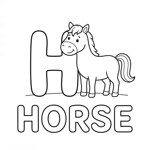 Animal Alphabet Coloring Page — Letter H Is for Horse