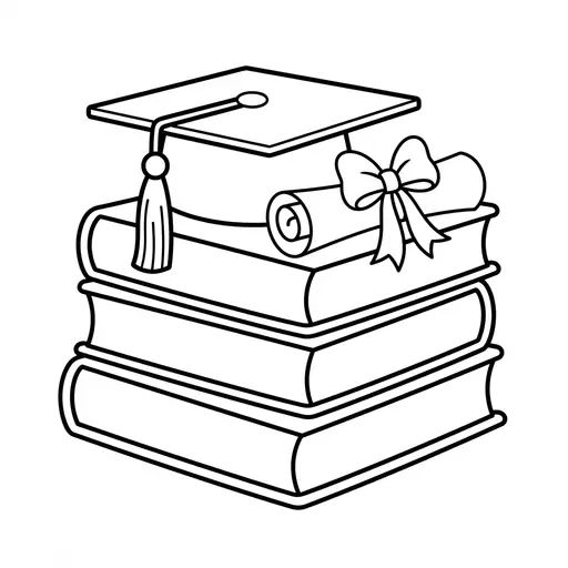 Graduation Coloring Page — Cap and Diploma on Books