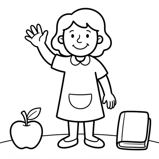 Easy Teacher Coloring Page — Waving Hello With Apple and Book