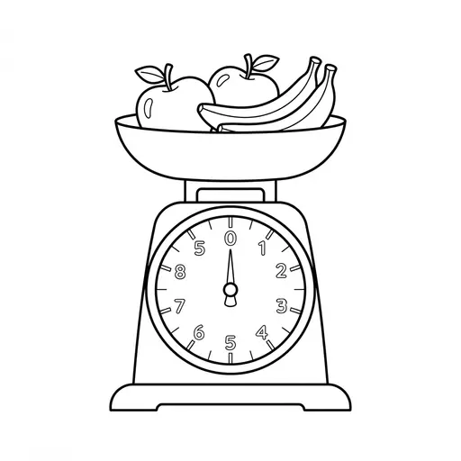 Measurement Coloring Page — Weighing Fresh Fruit in a Bowl