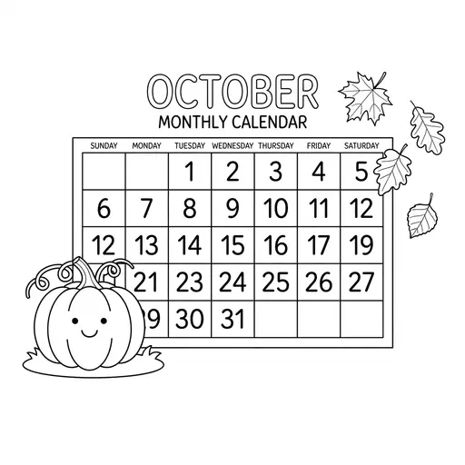 Calendar Coloring Page — October With Pumpkin And Falling Leaves
