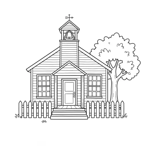 Schoolhouse Coloring Page — Old Building with Bell Tower