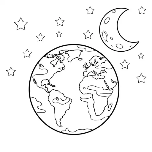 Earth Coloring Page — with Moon and Stars