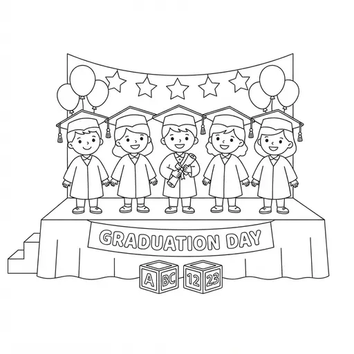 Graduation Coloring Page — Five Students on a Stage