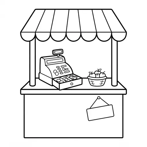 Money Coloring Page — With Cash Register And Basket