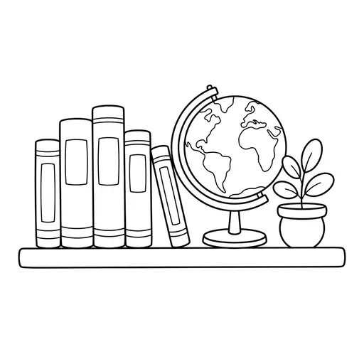 School Book Coloring Page — Books and Globe on a Shelf