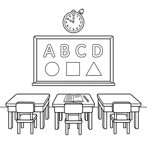 School Coloring Page — Alphabet Board and Desks
