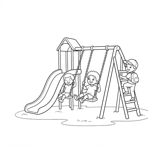 School Coloring Page — Playing on Slides and Swings
