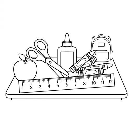 School Supply Coloring Page — Scissors Glue and Crayons on a Desk