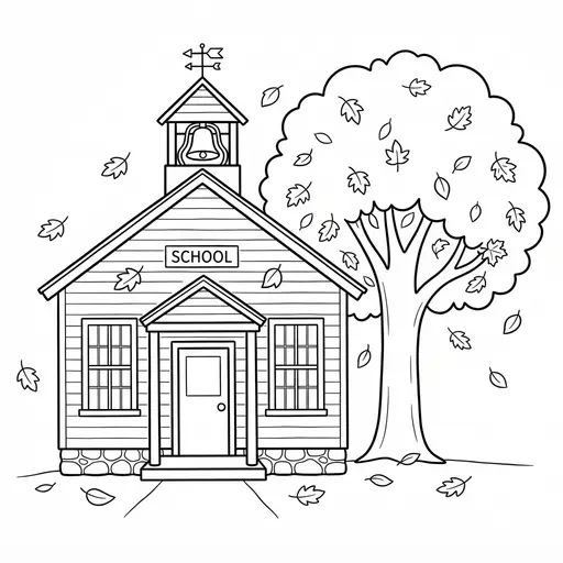 Schoolhouse Coloring Page — Autumn Tree With Falling Leaves