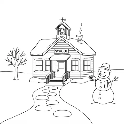 Schoolhouse Coloring Page — Snowy Day with a Snowman