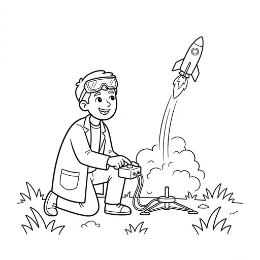 Scientist Coloring Page — Launching a Model Rocket