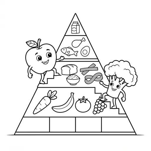 Food Pyramid Coloring Page — Smiling Apple and Broccoli Climbing