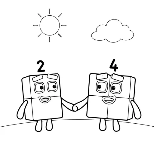 Number Blocks Coloring Page — Number 2 and Number 4 Holding Hands