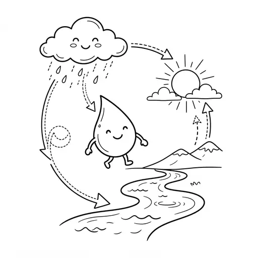 Water Cycle Coloring Page — Friendly Raindrop and Diagram