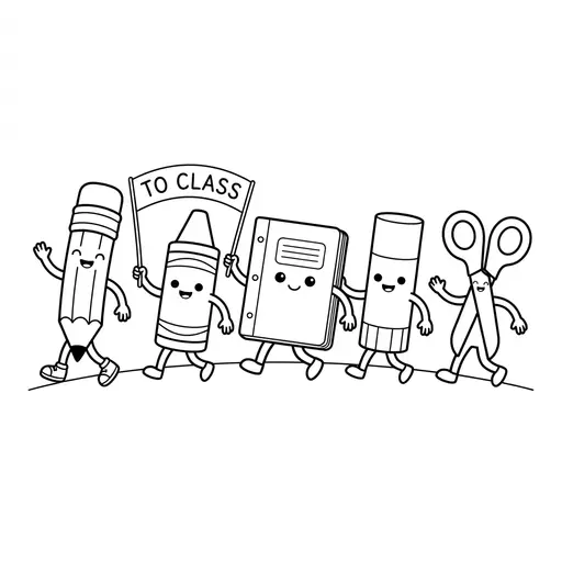 School Supply Coloring Page — Smiling Characters Marching to Class