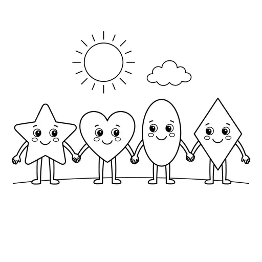 Shape Coloring Page — Friendly Characters Holding Hands
