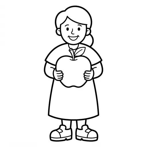 Easy Teacher Coloring Page — Holding a Big Apple