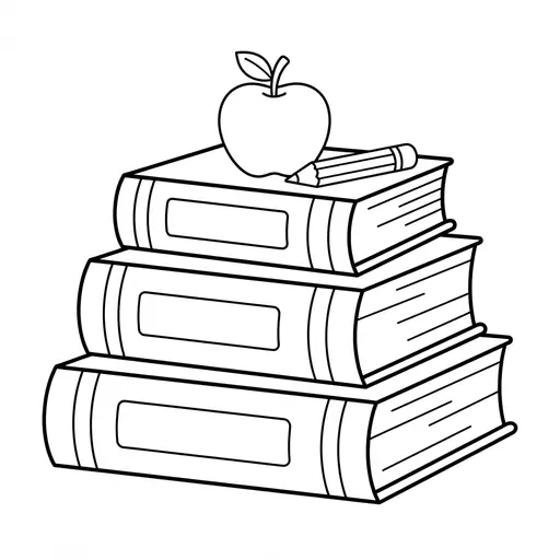 School Book Coloring Page — Stack With Apple And Pencil