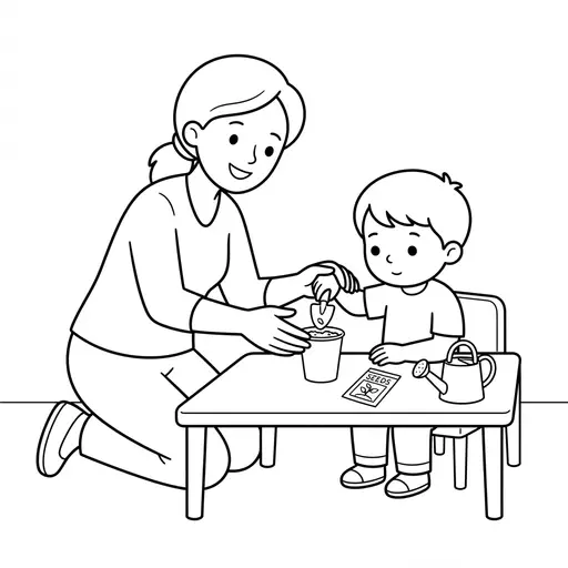 Teacher Coloring Page — Helping a Student Plant Seeds in a Cup