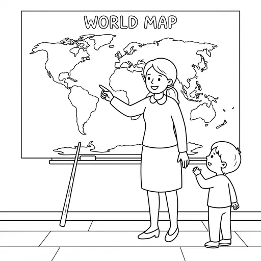 Teacher Coloring Page — Pointing at a World Map