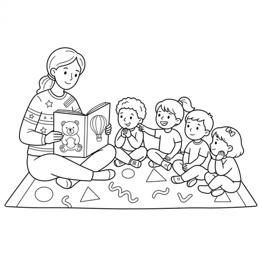 Teacher Coloring Page — Reading a Book to Students on a Rug