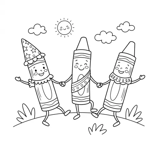 Crayon Coloring Page — Three Friendly Crayons Dancing