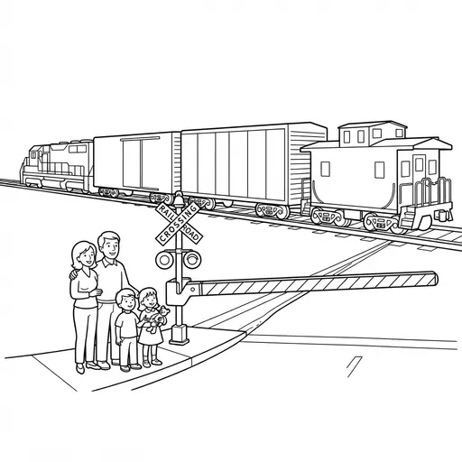 Train Coloring Page — Family Waiting at Crossing Gate